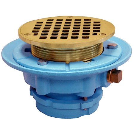 Jones Stephens 3in No Caulk Mechanical Joint Code Blue Floor Drain, 7in Pan, 4in Polished Brass Round Strainer D65664